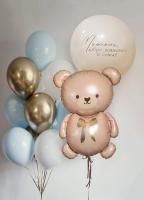 Мишка, шар с надписью и фонтан из шаров