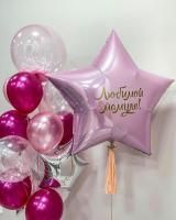 Нежно розовая звезда с надписью и фонтан из шаров