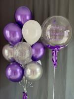 Баблс с перьями и надписью, фонтан из шаров