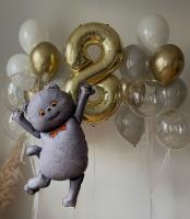 Золотая цифра восемь, котик и фонтаны из шаров