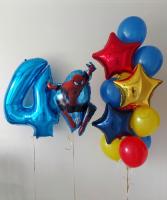 Синяя цифра четыре, супергерой и фонтан из шаров